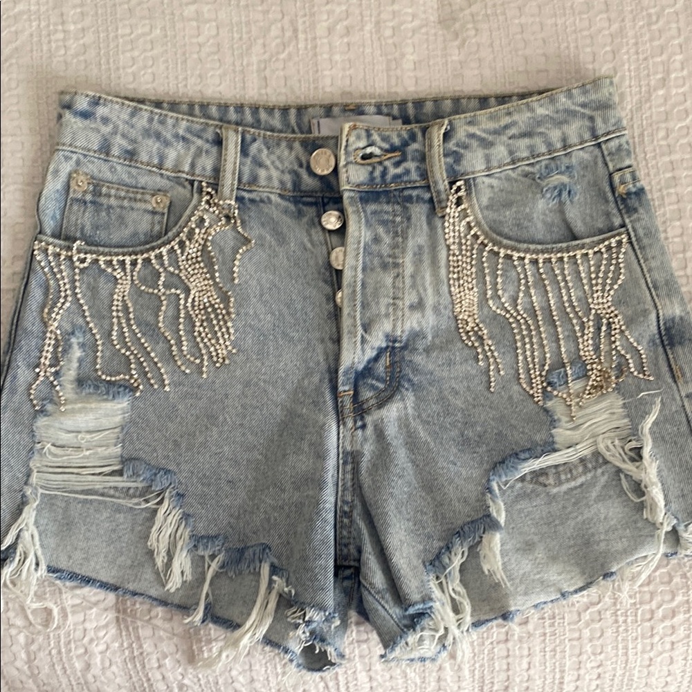 Women's Distressed Denim Shorts with Rhinestone Fringe